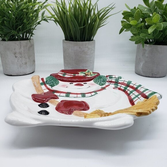 Fitz & Floyd 2000's Plaid Christmas Snowman 9" Canape Plate - Picture 3 of 11
